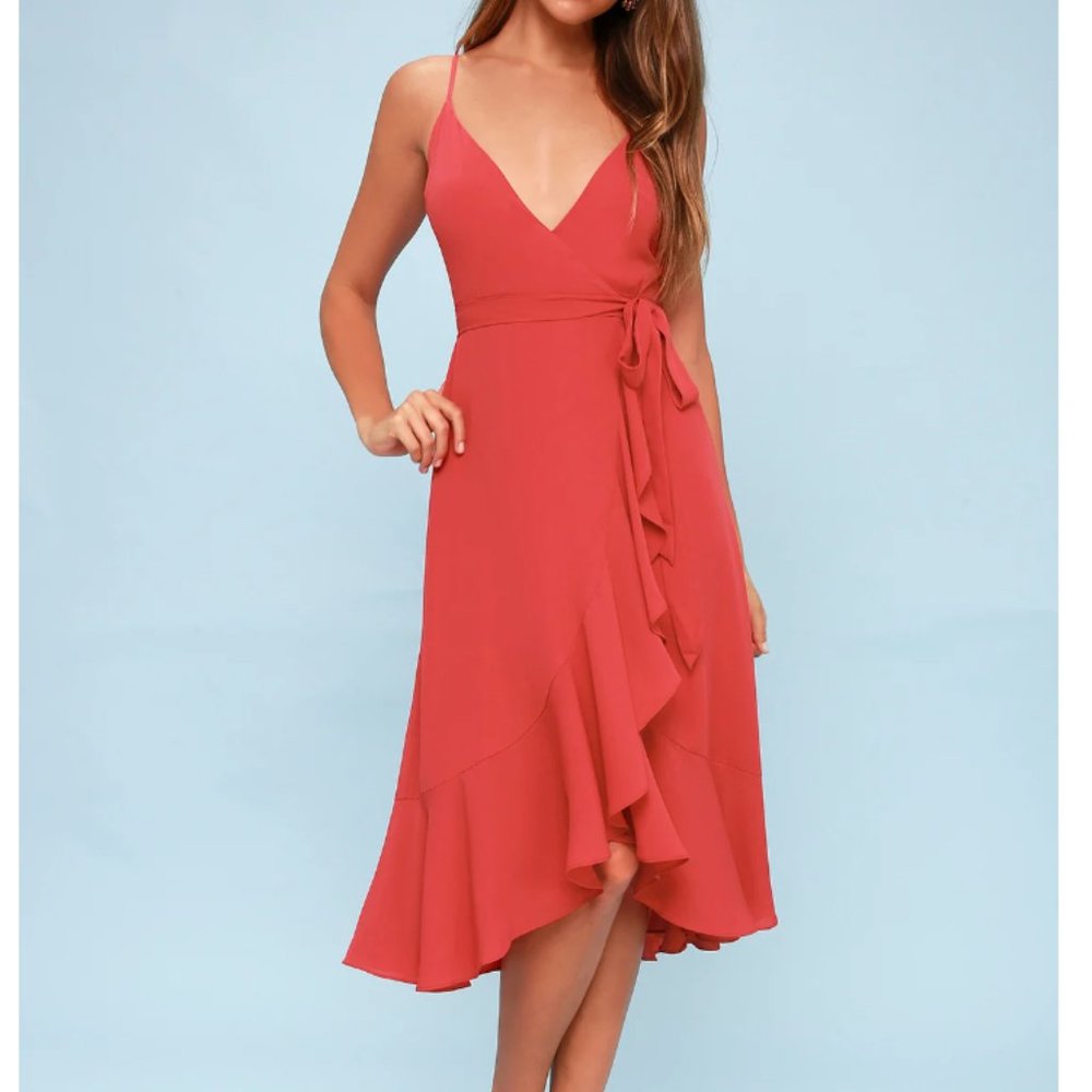 NWT Lulu's Manhattan Moment Berry Pink Ruffled Midi Wrap Dress